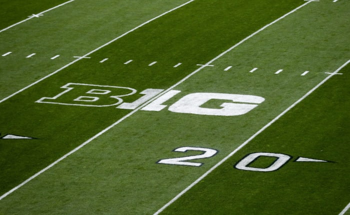 Sep 23, 2023; University Park, Pennsylvania, USA; A detailed view of the Big Ten Conference logo on the field prior to the game between the Iowa Hawkeyes and the Penn State Nittany Lions at Beaver Stadium. Mandatory Credit: Matthew O'Haren-USA TODAY Sports